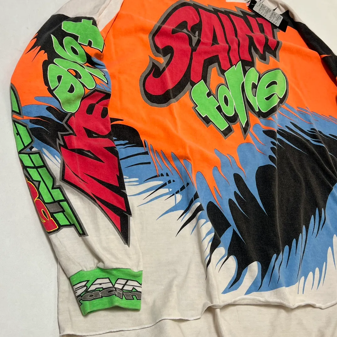 SAINT MICHAEL 24SS SAINT FORCE L/S TEE New Racing Retro Long Sleeve Off-white S-XL Front, left and right sleeves, even ribs are printed. There are more than 30 sets of samples in total. They are extremely complicated and all are oversized screen versions. Ready-made garments are washed and worn with Vintage value.